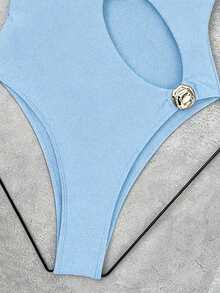 Bonvoyette Solid Color Hollow Out Asymmetric Metal Decor Swimsuit, One-Piece, Suitable For Beach Vacation - Baby Blue - View 5