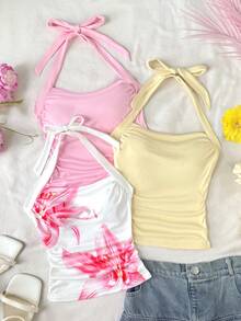 SHEIN 少女三件套：优雅沙滩度假休闲针织印花吊带露背背心 - 彩色 - 查看 5