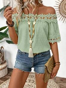 EMERY ROSE Textured Fabric Ruffle Detail Off Shoulder Blouse - Green - View 5
