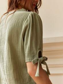 Áo sơ mi cotton màu xanh lá cây dáng rộng, cổ chữ H, thanh lịch, thoải mái, thích hợp cho kỳ nghỉ hè ở bãi biển. - xanh quân đội - Xem 2