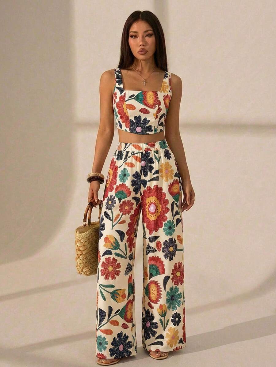 SHEIN PETITE 新款春夏度假休闲鱼骨吊带上衣+阔腿裤两件套/适合参加婚礼/生日派对/日常出行/百搭基础款/休闲度假/邮轮旅行/海滩日光浴/网红热销款/街头风/优雅通勤/商务/休闲抹胸性感露背女士上衣+直筒裤+口袋花朵定位印花绿色夏季套装女士两件套嘉年华 - 彩色 - 查看 1