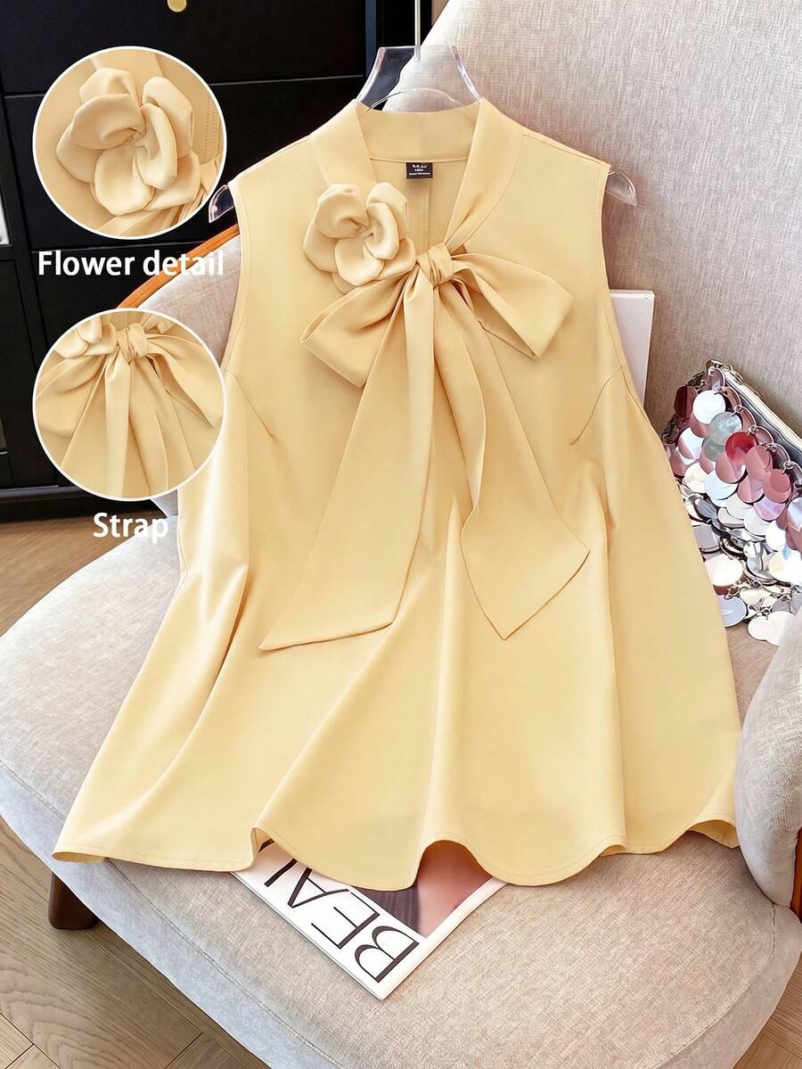 GlowEve CURVE 大码女式无袖纯色3D立体花卉设计优雅时尚百搭衬衫,适合春夏日常穿着,简约办公着装 - 黃色 - 查看 1