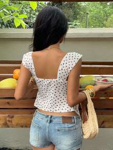 SHEIN EZwear Áo thun nữ dệt kim họa tiết, tay ngắn, viền bèo nhún, cổ tim, kiểu dáng thanh lịch, thích hợp cho các buổi tiệc rave. - Nhiều màu - Xem 2