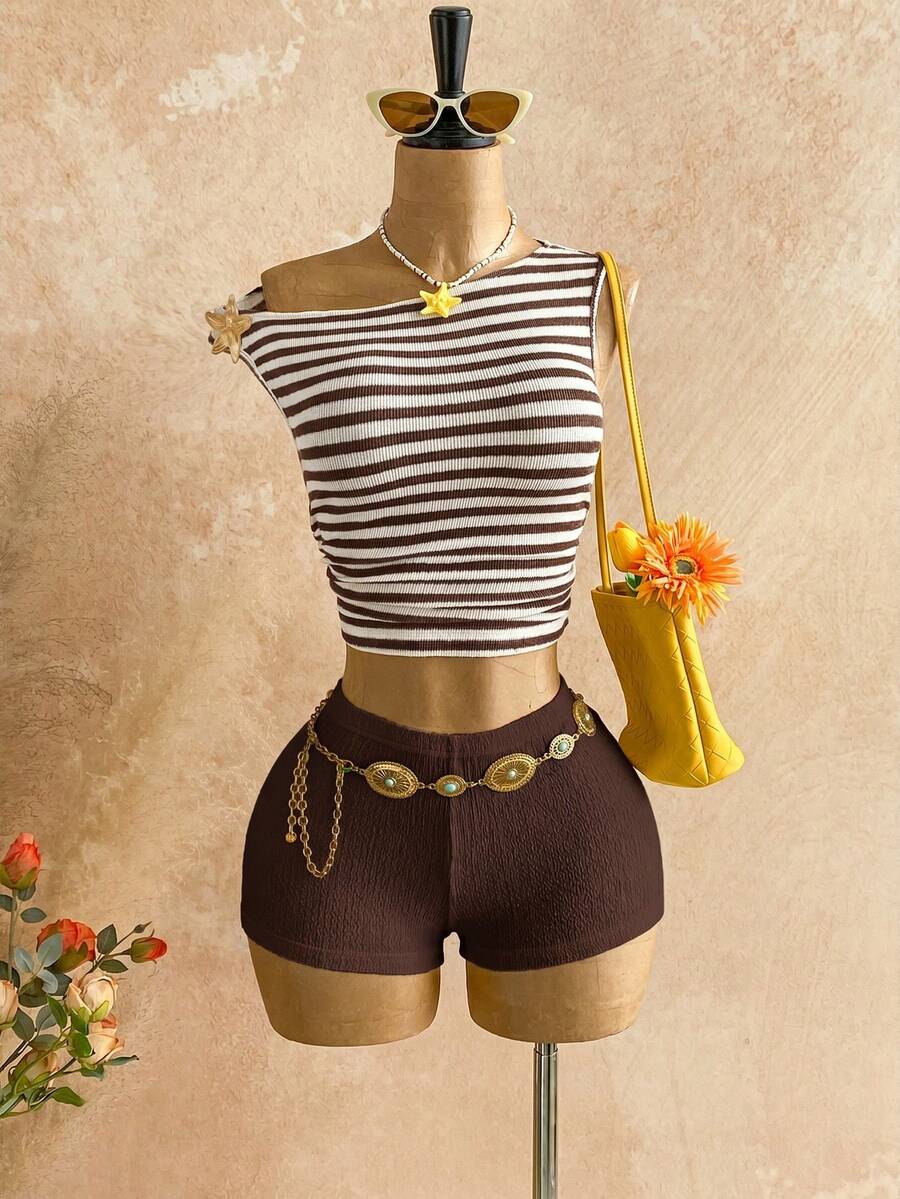Soleia Trang phục thường ngày thoải mái kiểu miền Tây, phù hợp cho đám cưới, lễ tốt nghiệp, tiệc brunch, ngày lễ Thánh Patrick, kỳ nghỉ xuân, lễ Phục sinh, lễ hội âm nhạc. Bộ đồ 2 mảnh màu nâu dệt kim mềm mại, phong cách boho nhiệt đới, vai bất đối xứng, họa tiết hoa, hở lưng dành cho nữ. - Cà phê nâu - Xem 1