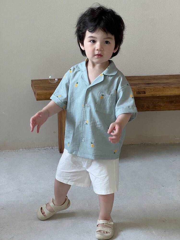 Toddler Boys Pineapple Color Block Polo Collar Short Sleeve Shirt & Shorts 2 Pieces Set, Korean Style