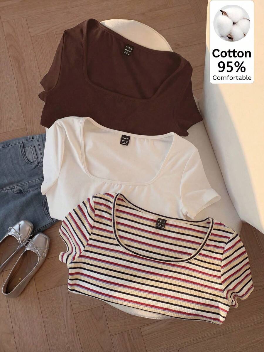 SHEIN EZwear 3件套女士休闲简约多巴胺条纹，咖啡棕色和白色针织圆领短袖T恤，适合日常通勤、约会、聚会、秋冬夏、圣诞节、新年、感恩节、派对、婚礼、海滩、毕业典礼、时尚、优雅、休闲、外出、约会、预约、通勤、闪亮、情人节、优雅、度假、休闲、Y2K、外出、毕业典礼等场合。 - 彩色 - 查看 1