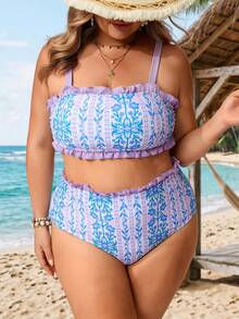 SHEIN CURVE+ Plus Size Women 2 Pieces Swimwear Set, Digital Print Summer Holiday Swimwear Beach Holiday Pool Party Pink Floral Boho - Mauve Purple - View 3