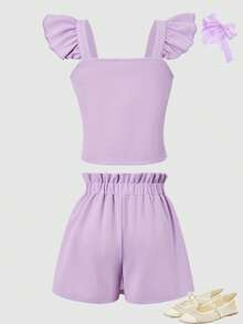 2pcs/Set Tween Girls Sweet Princess Style Solid Color Knit Vest & Shorts Set,Lavender Summer Cute Tea Party,3D Floral & Mushroom Button Flutter Sleeve - Lilac Purple - View 2
