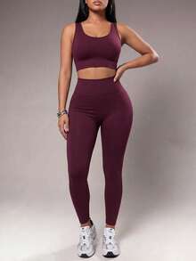 Radiana Conjunto de entrenamiento sin costuras de color rojo bronceado, con alto soporte, secado rápido, ropa deportiva diaria, yoga, entrenamiento HIIT, de oficina al gimnasio, mallas, ropa deportiva de otoño, sujetador, pantalones de compresión, control del abdomen, figura favorecedora, cardio, running, ejercicio al aire libre, saludable, listo para TT, Reel de IG, OOTD, conjunto de fitness de mamá trabajadora de 2 piezas, equipo de rendimiento atlético - Burdeos - Ver 2
