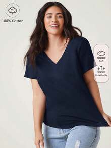SHEIN BASICS Áo thun nữ cỡ lớn, cổ chữ V, tay ngắn, màu trơn, kiểu dáng thường ngày, đa năng. - Màu xanh hải quân - Xem 1