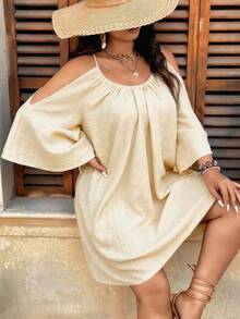 Weeklong Plus Size Round Neck Ruched Pleated Split Flare 3/4 Sleeve Casual A-Line Dress - Apricot - View 4