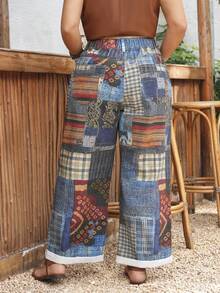 EMERY ROSE Plus Size Royal Blue Summer Boho 1950s Vintage 90s Vacation Jeans, Women's Elegant Casual Patchwork Wide Leg Denim, Distressed Printed Pants - Multicolor - View 2