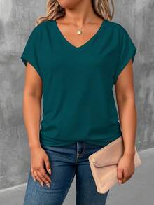 EMERY ROSE Deep Lake Green V-Neck Short Sleeve Plus Size T-Shirt, V-Neck Batwing Sleeve Design - Multicolor - View 1