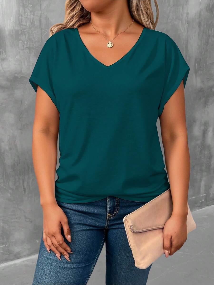 EMERY ROSE Deep Lake Green V-Neck Short Sleeve Plus Size T-Shirt, V-Neck Batwing Sleeve Design - Multicolor - View 1