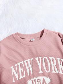 SHEIN 少女针织休闲英文印花宽松T恤和短裤两件套 - 粉色 - 查看 3