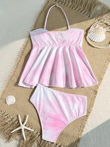 Tween Girl Floral Print Tie-Dye Halter Tankini Swimsuit Set - Apricot - View 2