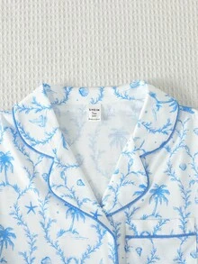 SHEIN Girlism 少女睡衣套装，海洋印花撞色蝴蝶结衬衫和短裤睡衣 - 淺藍色 - 查看 5