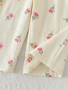 Multicolor Polyester Ruffle Flounce Sleeve Tank Top Co-Ord With Plants Pattern For Baby Girls Vacation Styl - Pink - View 3
