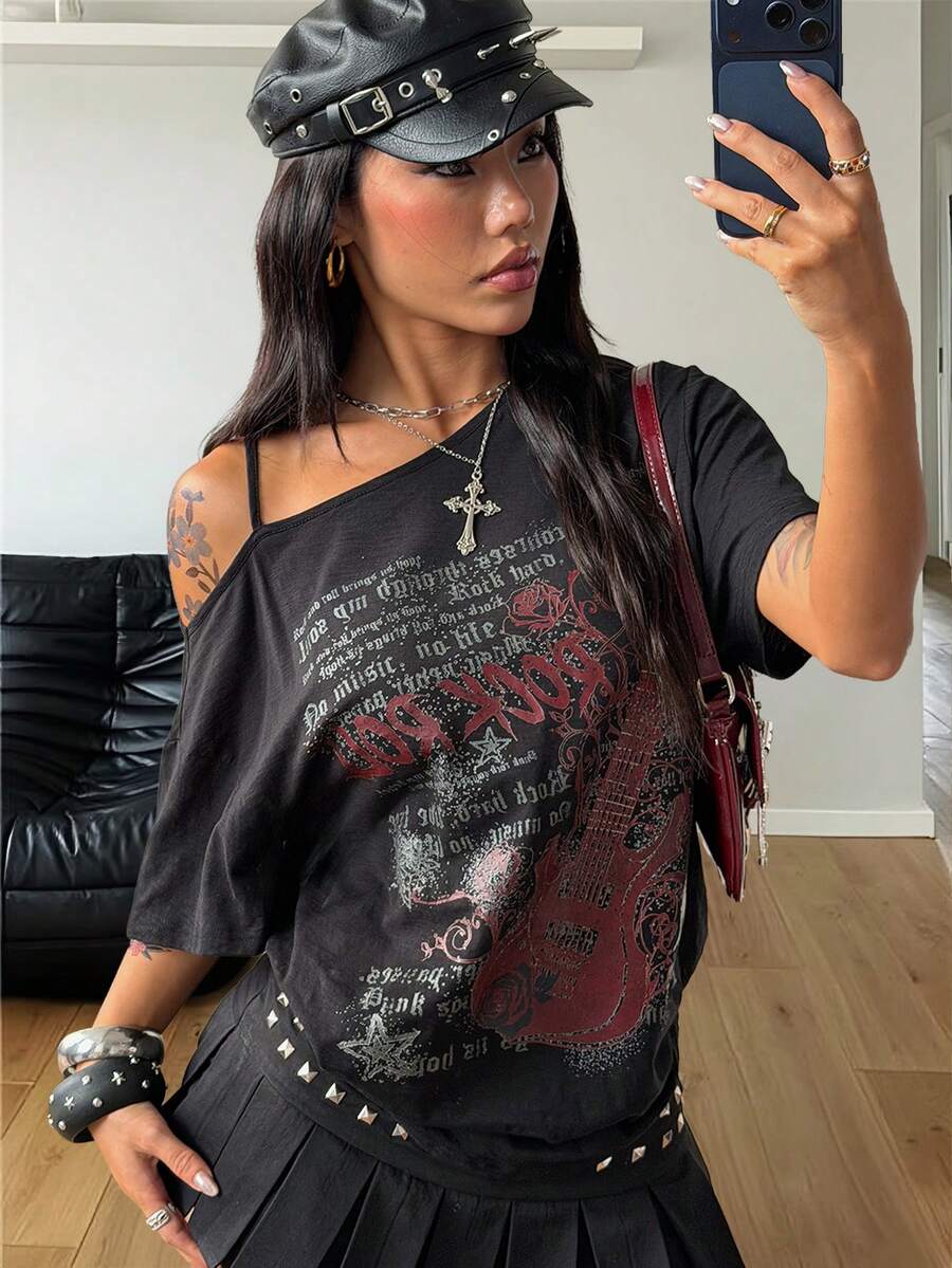 Coolane 女士秋季街头风外出Y2K骷髅图案万圣节服装宽松黑色T恤 - 黑色 - 查看 1