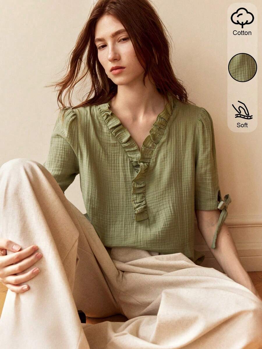 Áo sơ mi cotton màu xanh lá cây dáng rộng, cổ chữ H, thanh lịch, thoải mái, thích hợp cho kỳ nghỉ hè ở bãi biển. - xanh quân đội - Xem 1