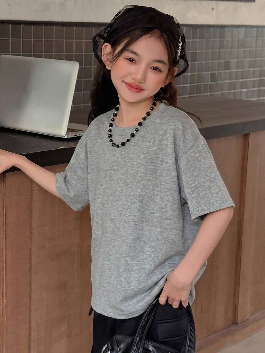 Dazy Kids 少女纯色圆领短袖T恤，简约百搭夏季款 - 灰色 - 查看 1