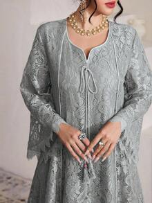 SHEIN Najma Square Neck Lace Tassel 3/4 Sleeve Flared Dress For Women - Grey - View 2