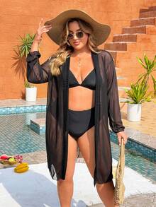 Swim Lushoire Kimono dáng rộng bằng chiffon dành cho nữ cỡ lớn, thích hợp đi biển hoặc nghỉ dưỡng. - màu đen - Xem 1