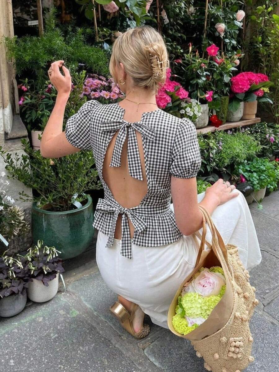 Women's Plaid Short Petal Sleeve Tie Back Blouse - Brown - View 1