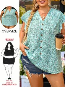 SHEIN CURVE+ 大码女式日常休闲度假V领黑色宽松衬衫，夏季度假外出上衣/秋冬大码夏季衬衫，大码女式夏季服装，大码女式衬衫 - 綠色 - 查看 5