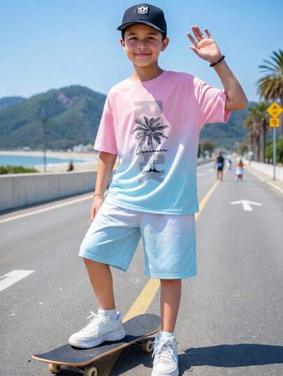 SHEIN 2pcs/Set Kids/Tween Boys' Casual Gradient Tie-Dye Coconut Tree Letter Print Round Neck T-Shirt And Shorts Set, Suitable For School, Commute, Daily Casual, Sports, Spring/Summer
