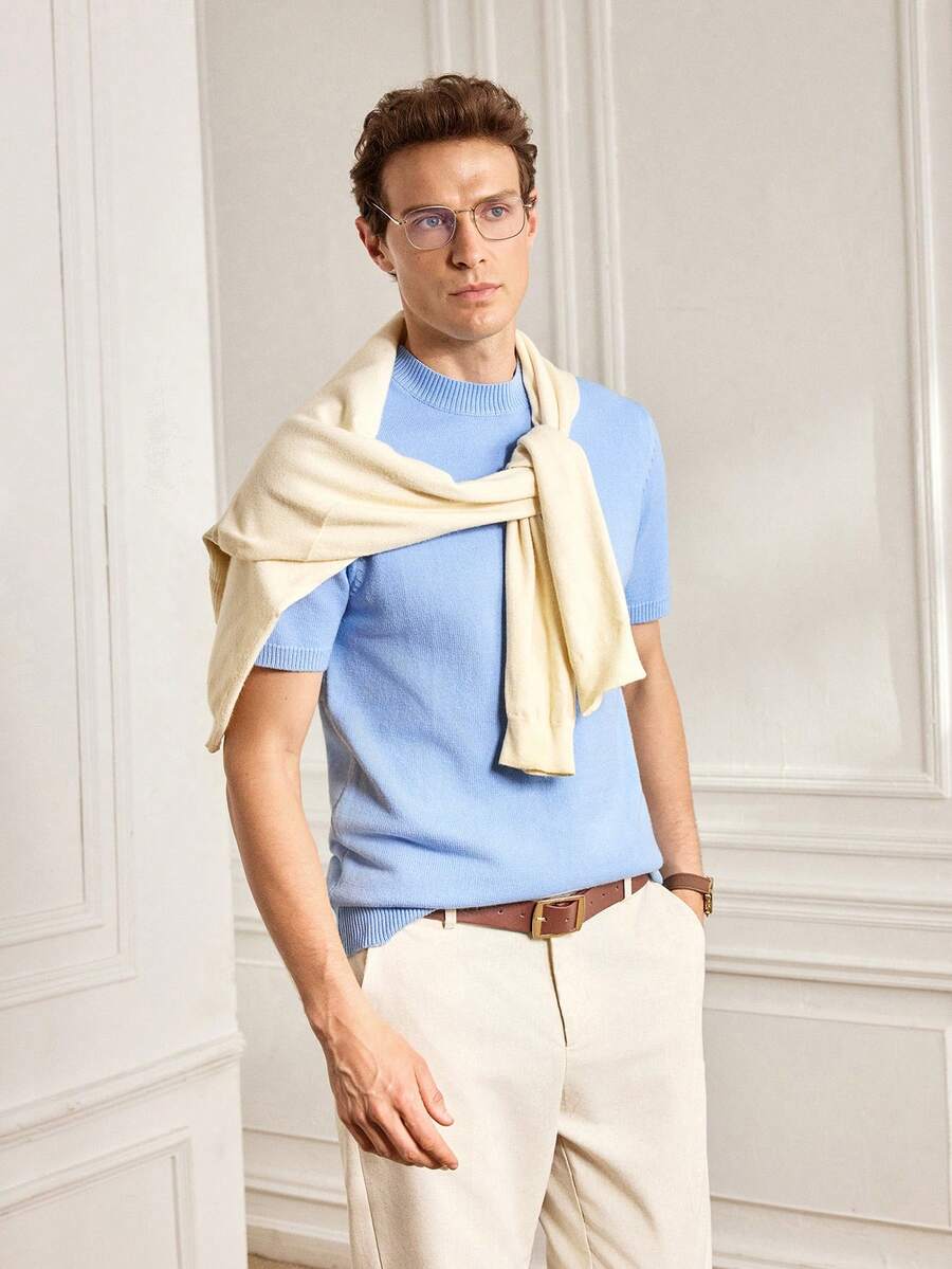 Officeau Men's Casual Solid Color Round Neck Short Sleeve Knit Top, Versatile For Summer - Dusty Blue - View 1