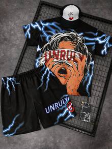 SHEIN 2pcs/Set Teen Boy Casual Black Cartoon + Lightning Pattern Short Sleeve T-Shirt And Shorts Set, Street Punk Rock School Style Outfit For Daily, Party, Music Festival, Spring/Summer - Black - View 3