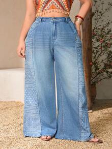 Breezaya Denim Lavados Retalhos Plus Size Feminino Primavera/Verão Férias - Lavagem Média - Visão 1
