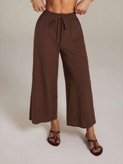 SHEIN PETITE Women's Casual Cotton Linen Blend Ankle Pants, Khaki Color, Suitable For Back To School, Teacher Uniform, Autumn Elastic Waist Pants Brown Pants For Women Wide Leg Pants Women Linen Pants Loose Pants