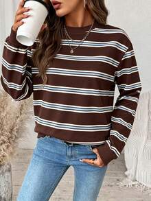 SHEIN LUNE Áo sweatshirt nữ dáng rộng, cổ tròn, tay dài, in họa tiết sọc tối giản, phong cách thường ngày. - Nhiều màu - Xem 5