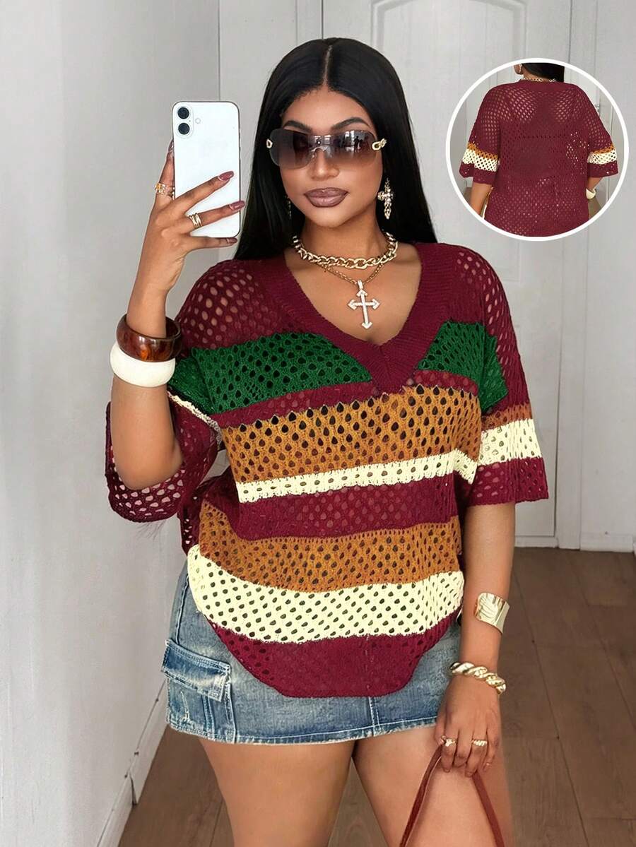 Maweii Women's Casual Vintage Elegant Vacation Beach Loose V-Neck Raglan Short Sleeve Hollow Rainbow Striped Colorblock Plus Size Sweater, Spring/Summer - Brown - View 1