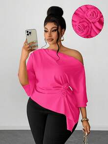 Maweii Spring/Summer/Autumn Oblique Shoulder Ruffle Sleeve Rose Waist Handkerchief Hem Solid Color Elegant Chic Commuting Design Sense High-End Vacation Daily Wear New Essential Plus Size Women Blouse - Hot Pink - View 1