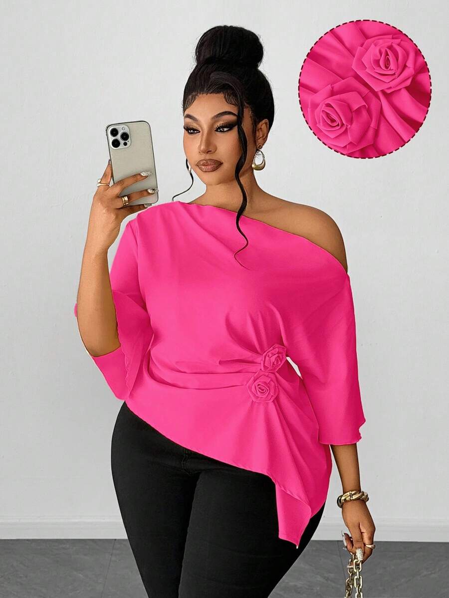 Maweii Spring/Summer/Autumn Oblique Shoulder Ruffle Sleeve Rose Waist Handkerchief Hem Solid Color Elegant Chic Commuting Design Sense High-End Vacation Daily Wear New Essential Plus Size Women Blouse - Hot Pink - View 1