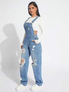 Plus Size Women Distressed Pocket Design Casual Denim Jumpsuit - Blue - View 6