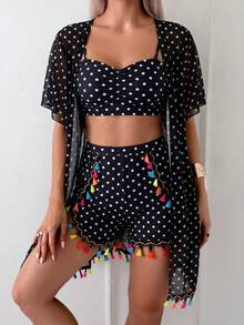 Swim Vcay 4pcs Tassel Cover Up & Beach Shorts Swimsuit Set - Black - View 4