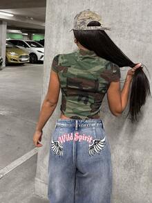 SHEIN HypeZone Áo khoác denim rằn ri kiểu dáng đường phố năng động, gợi cảm, mở phía trước. - xanh quân đội - Xem 2