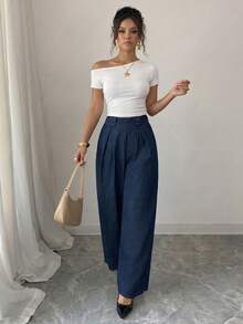 Selianne Summer Casual Sexy Vintage Chic Elegant High Waist Wide Leg Pleated Pastal Flare Going Out Swimming Everyday Women's Denim Jeans Daily Wear - Blue - View 3