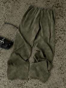 Pantalones de chándal rectos de talle bajo para mujer, aptos para el verano, lavados - Verde militar - Ver 2