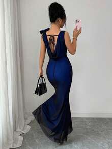SHEIN Raffinéa Vestido ajustado con espalda descubierta, sin mangas, con cuello de volantes de malla de color contrastante, lazo en la cintura y cola de pez para mujeres - Azul - Ver 2