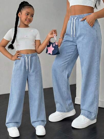 Loose Fit Light Wash Casual Denim Jeans For Tween Girls, Comfortable Relaxed Vacation & School Style! Soft Light Wash Denim Effect, Elastic Waistband With Drawstring Design + High-Waisted Silhouette, Perfectly Flattering For Young Girls. Suitable For Daily Outings, Campus Casual, Back To School, Vacation Strolling, And More To Become A Street Style Enthusiast!