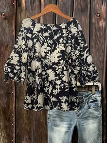 Linhara Plus Size Women Casual Orchid Print Short Sleeve Bow Tie Blouse - Multicolor - View 2