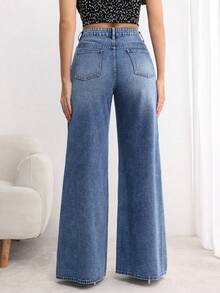 SHEIN PETITE Quần jean ống rộng dáng rộng có túi dành cho nữ, kiểu dáng thường ngày. - Rửa nhẹ - Xem 2