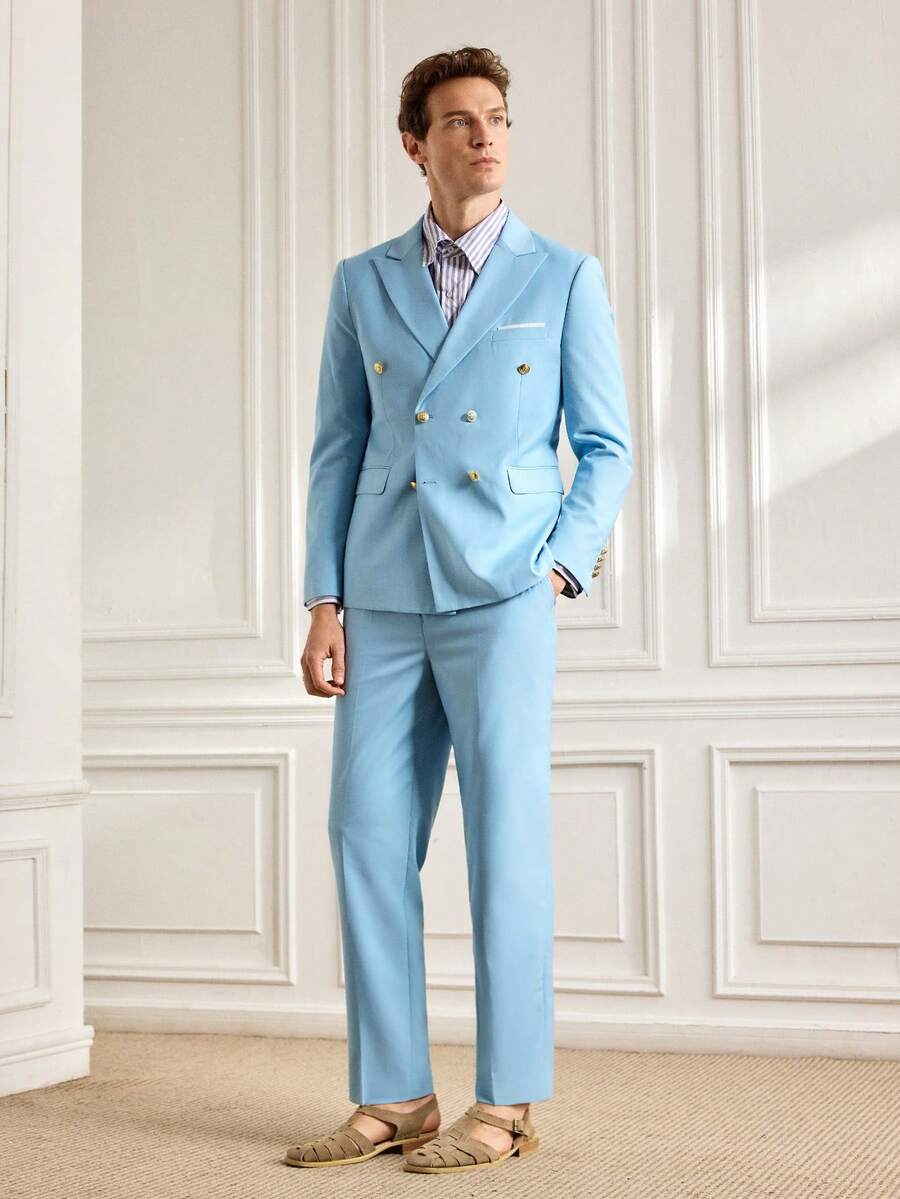 Officeau 2 件套男士时尚新款纯色修身弹力商务西装,包括双排扣西装外套和长裤,工作正装 - 淺藍色 - 查看 1