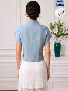 EastFlair Women's Solid Color V-Neck Button Elegant Short Sleeve Blouse, Summer - Blue - View 7