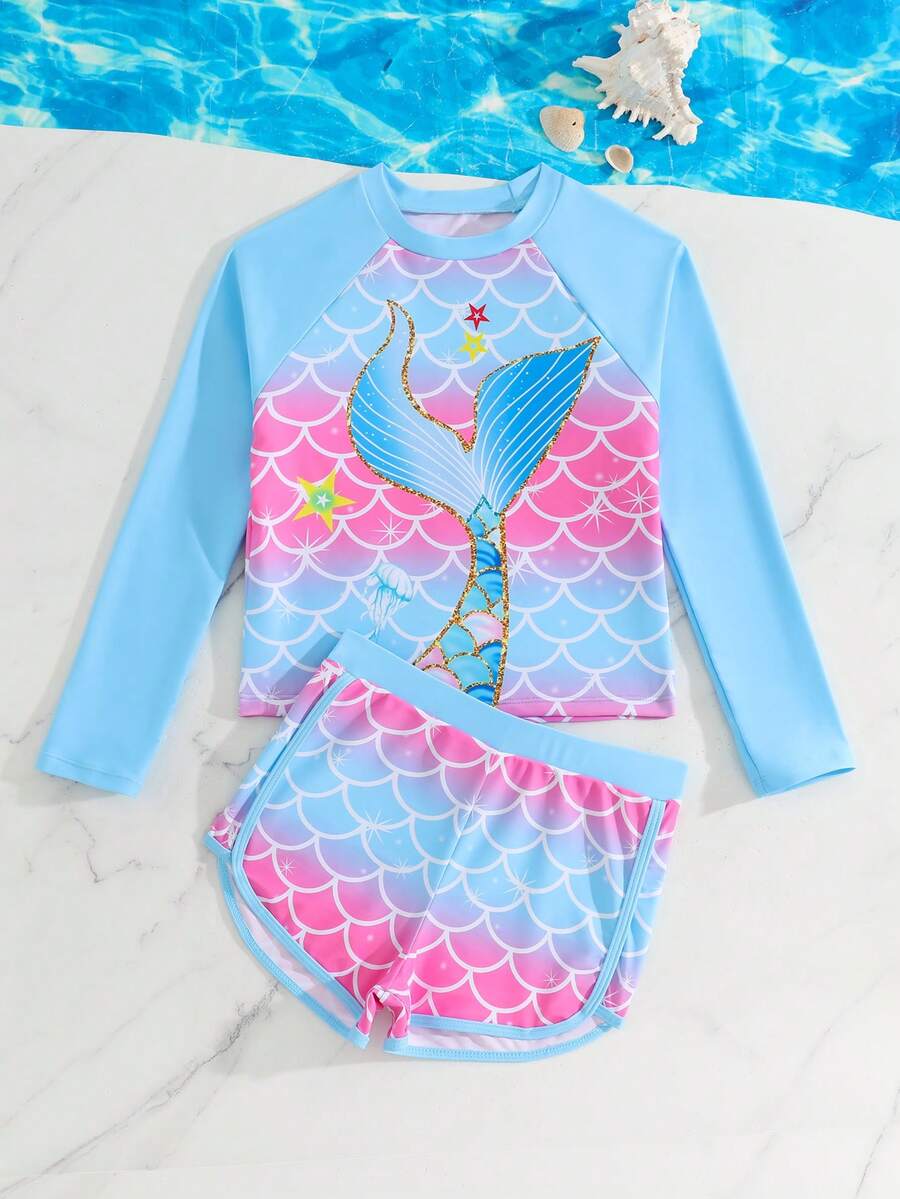 SHEIN 少女比基尼泳衣,美人鱼印花长袖纯色比基尼泳衣,可爱鱼鳞印花短裤比基尼泳衣,适合夏季海滩度假、游泳池派对 - 藍色 - 查看 1